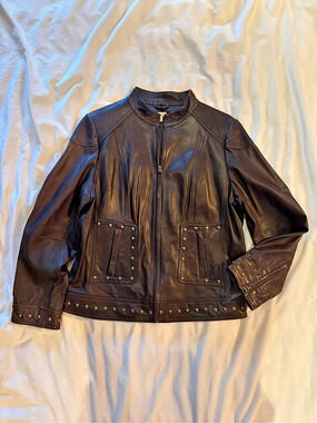 Reba Brown Genuine Leather Studded Moto Jacket Women’s L